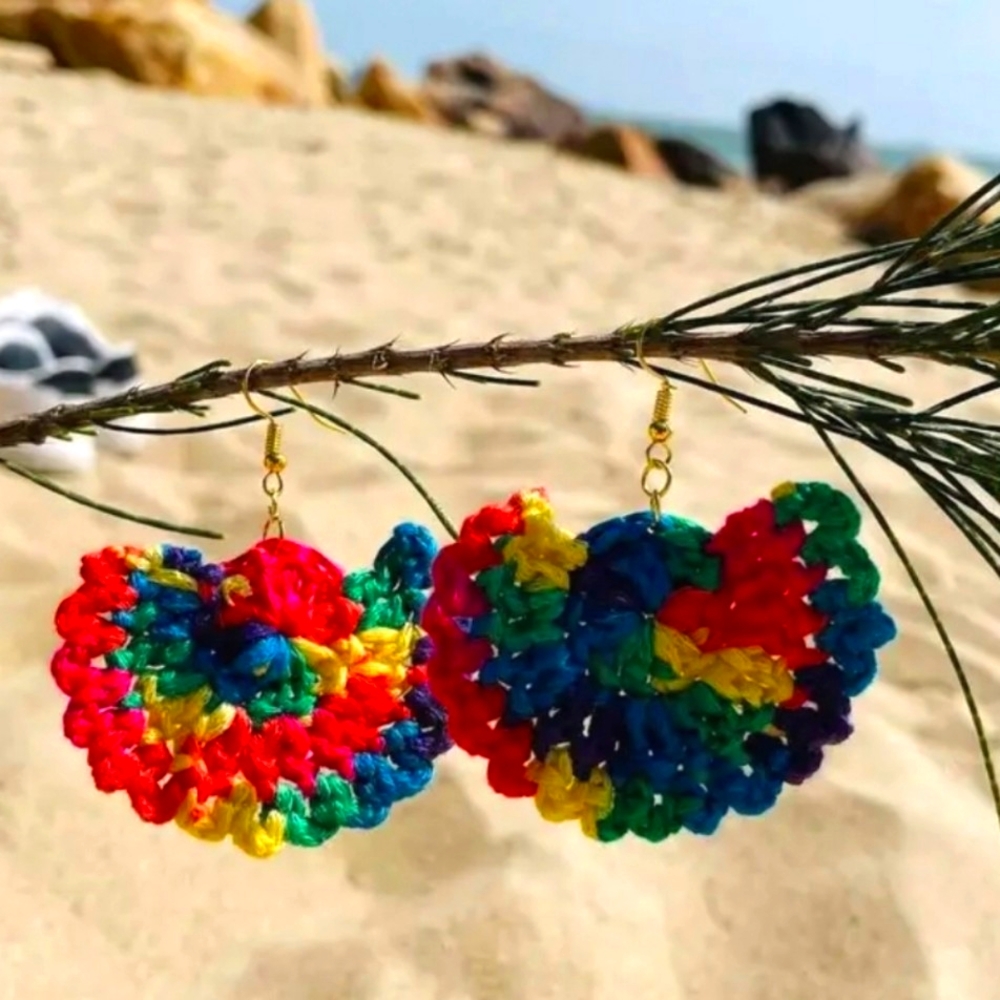 Handmade Crochet Multicolor Dangle Fan Earrings - Picture 1 of 4